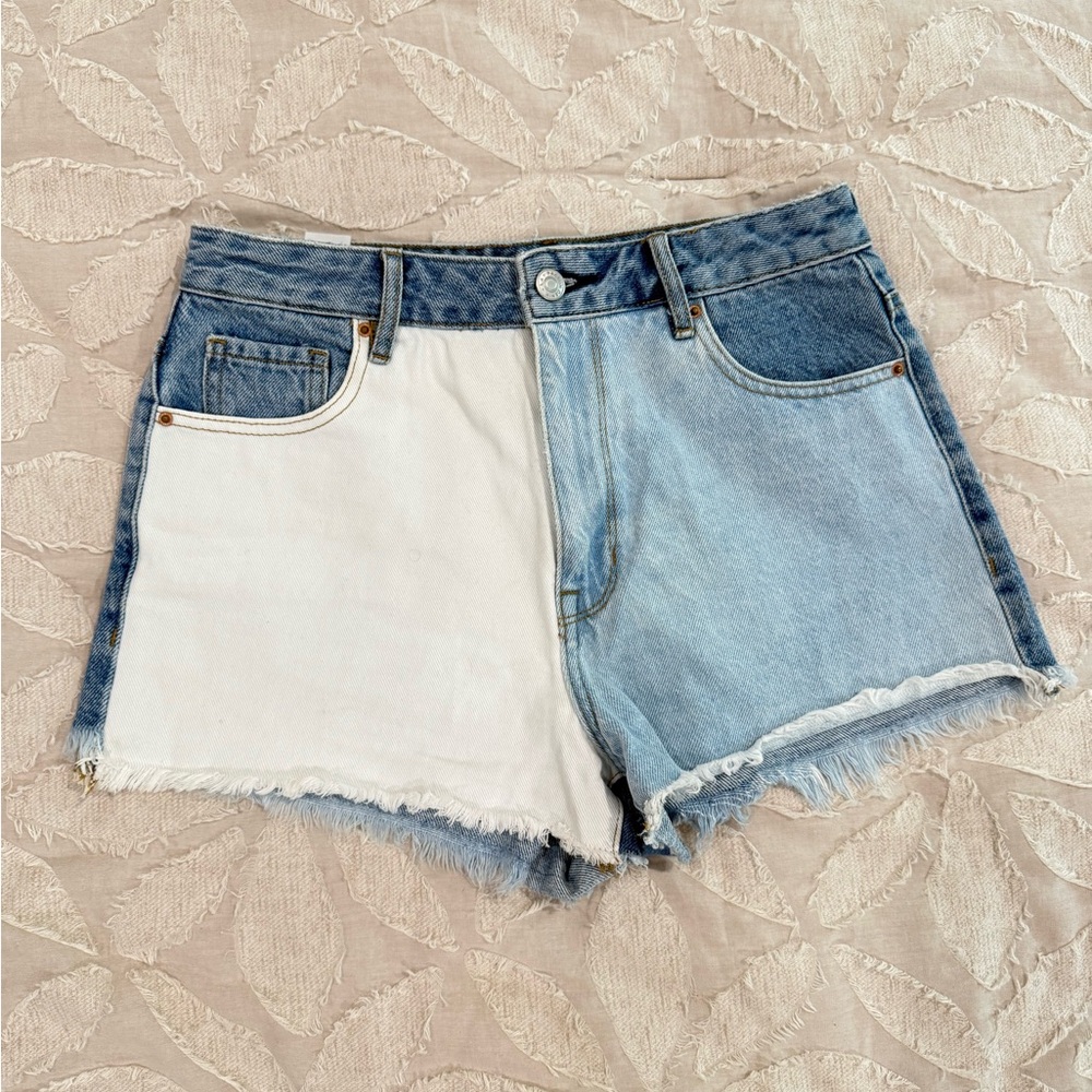 PacSun Blue and White High Rise Festival Jean Shorts with Color-Block Design
